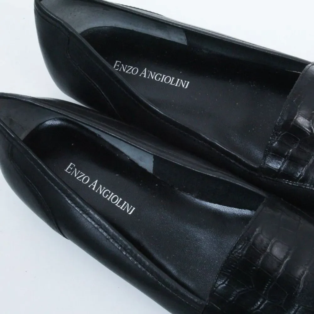 Enzo Angiolini Women's Black Croc Embossed Leather Square Toe Ballet Flats 8M